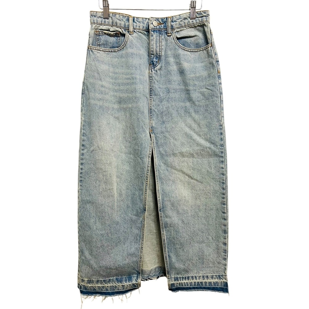 BDG Denim Maxi Skirt Womens Small Blue Light Wash High Slit Raw Hem 90's Y2K